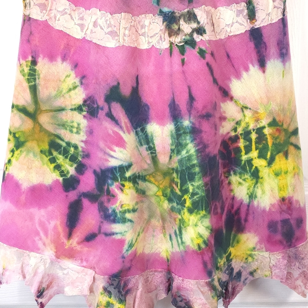Handmade Tie Dye Midi Dress Cotton Deep V-Neck Size M - L Fairycore - Picture 7 of 8